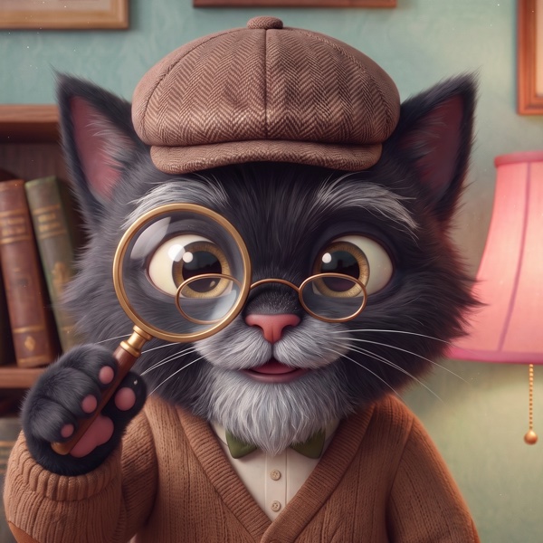 Grandpa Logan in his tweed cap and glasses, peering through his magnifying glass