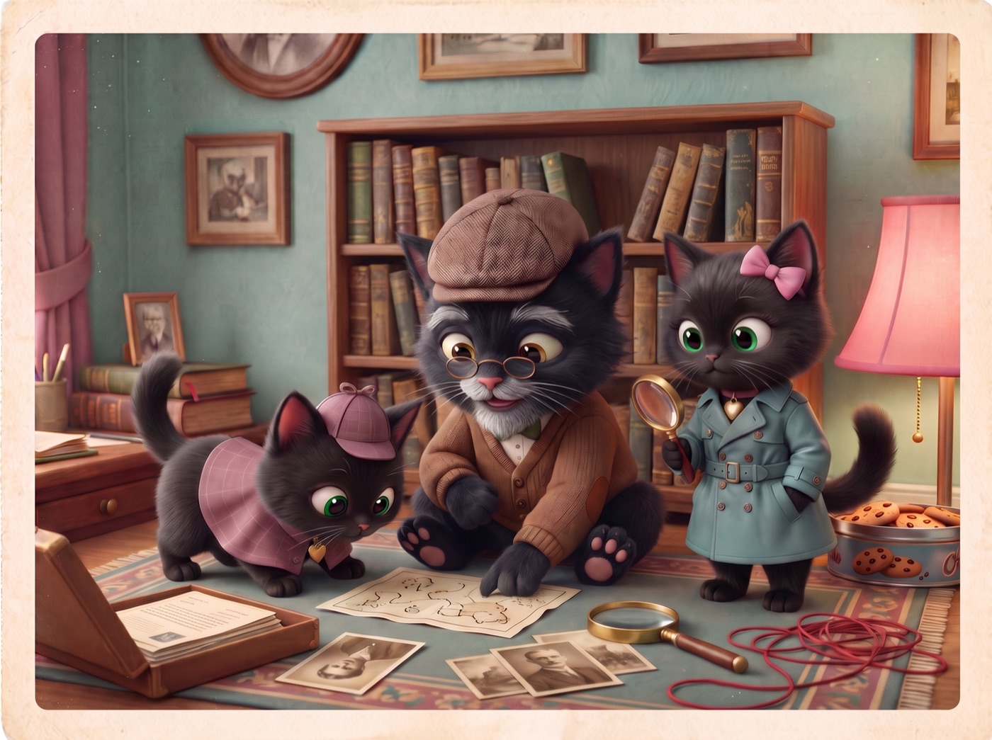 Grandpa Logan, older and gray-muzzled, working a case on the rug with grown-up Lulu and Sissy