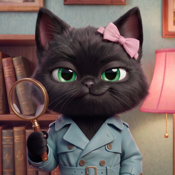 Lulu in her teal coat and pink bow, holding her magnifying glass