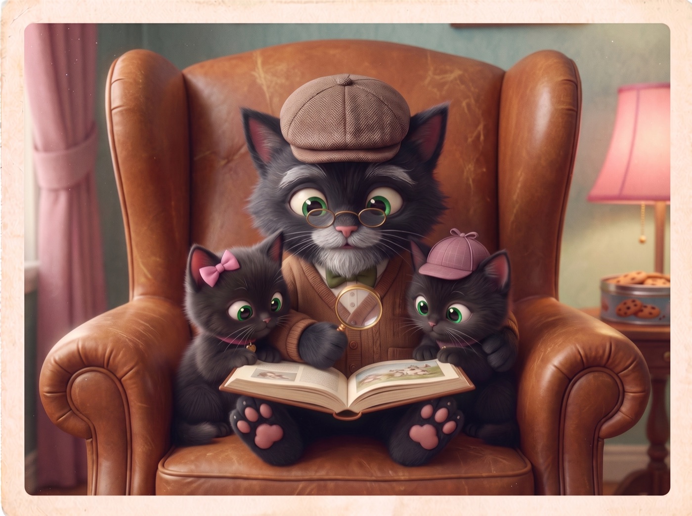 An old photo of Grandpa Logan in his big leather chair, reading a book to kittens Lulu and Sissy