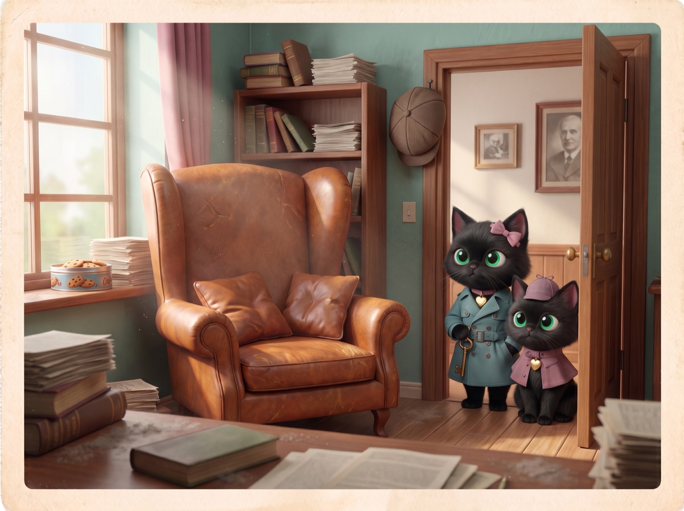 Lulu, holding an old key, and Sissy in the doorway of Grandpa's office, his empty armchair and cap on the hook