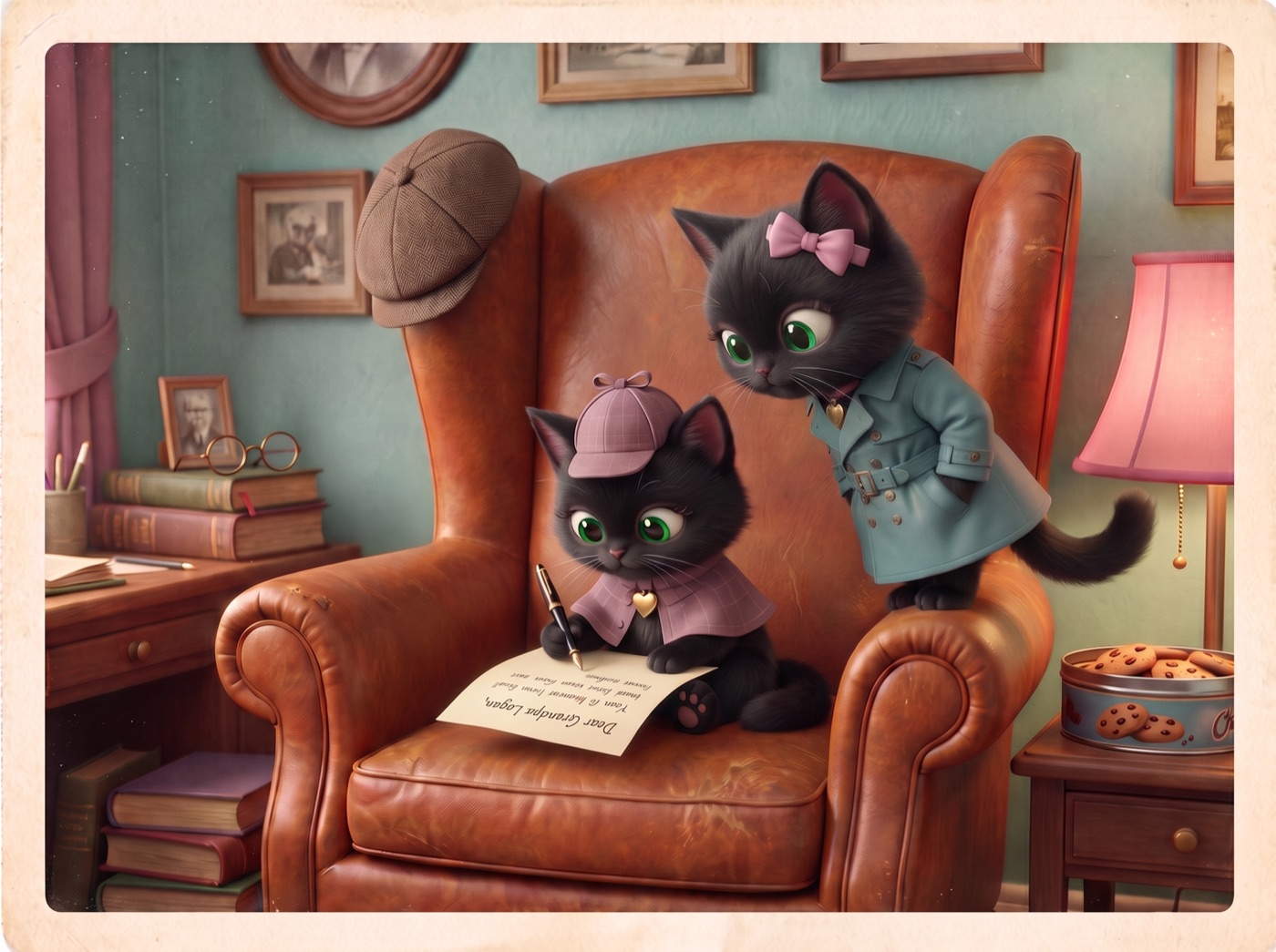Sissy curled in Grandpa's armchair writing him a letter while Lulu peeks over her shoulder